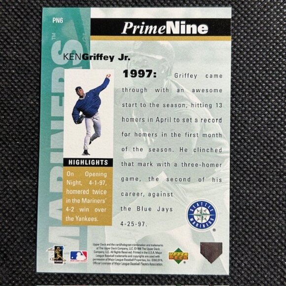 Ken Griffey Jr. 1998 Upper Deck Prime Nine Baseball Card Seattle Mariners #PN6 - Picture 2 of 2